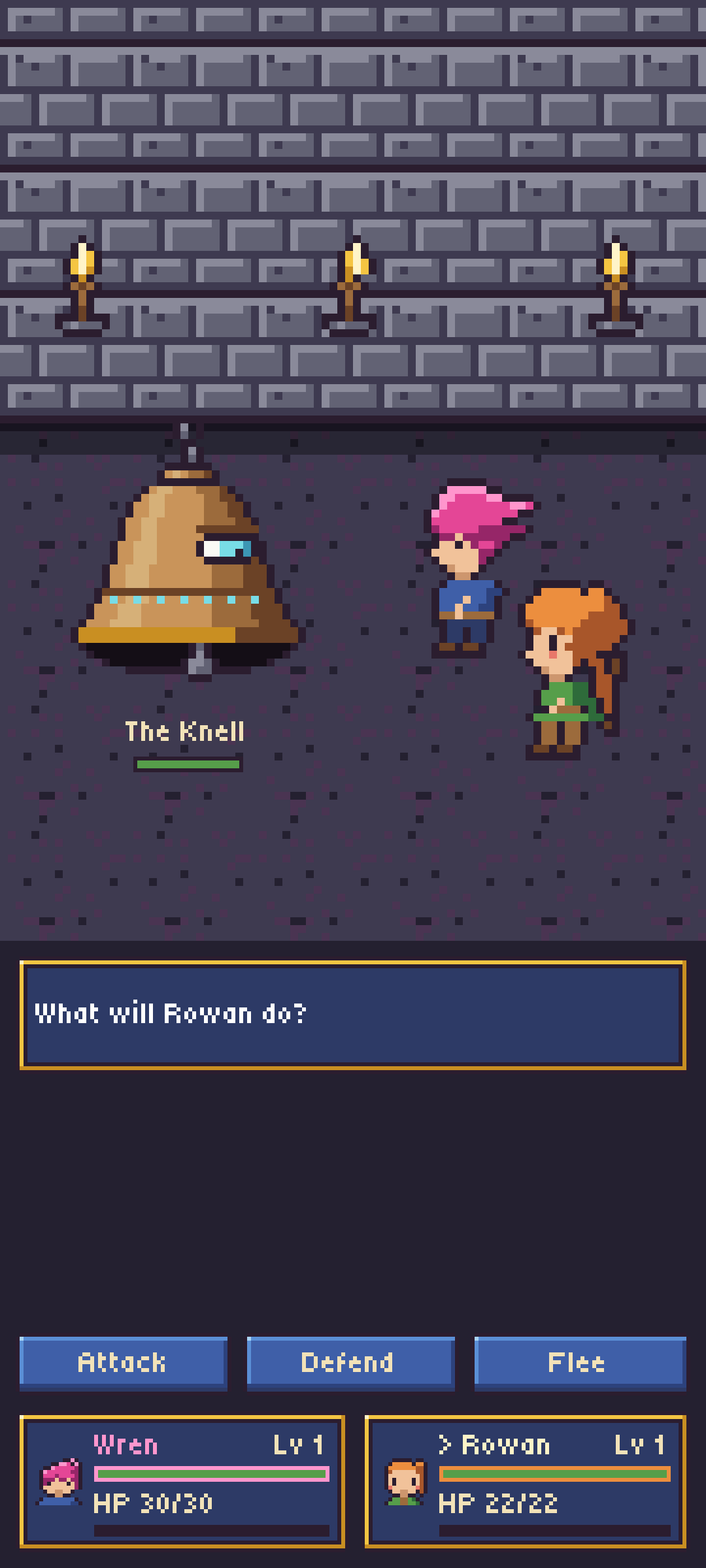 A turn-based battle against a great bronze bell with one eye.