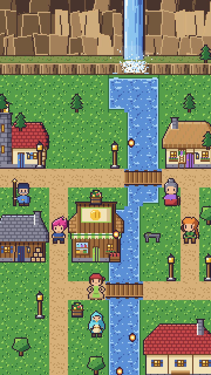A rebuilt valley town: a waterfall feeding a river, houses, lantern posts and townsfolk.